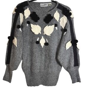 VTG G. Londo Silk Autumn Leaf Artsy PomPom Sweater Size S Grandma Core Soft‎